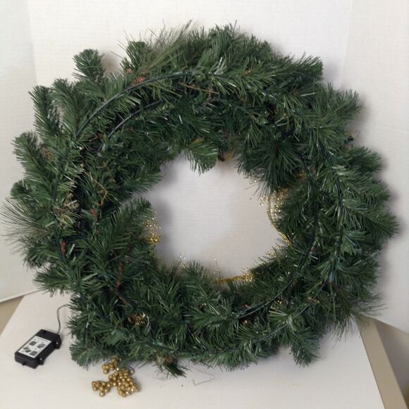 Christmas Wreath PreLit Green/Gold Pine Cones Balls Glamour Front Door Wall 23" - Picture 12 of 12